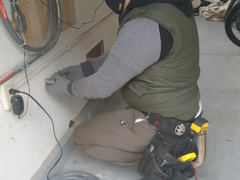 Electrician performing outlet wiring in a Novato garage